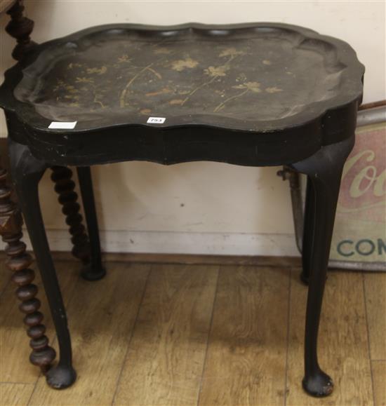 A Victorian papier mache tray on associated stand W.78cm